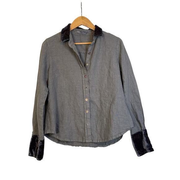 Cut Loose Women's Long Sleeve Velvet Trim Linen Button Front Shirt Size XS Gray - Picture 1 of 8